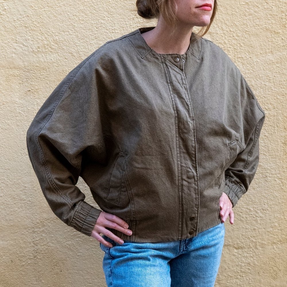 Green Denim Wide Arm Bomber Jacket
